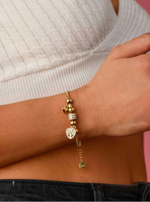 Bransoletka serduszka, kryształki, złoty S104858Z02