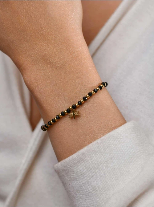 Bransoletka ważka, czarne kryształki, złoty S105226Z12