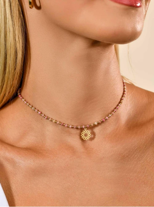 Choker Rozeta Vezzi, Rodochrozyt, różowy, złoty S304503Z00