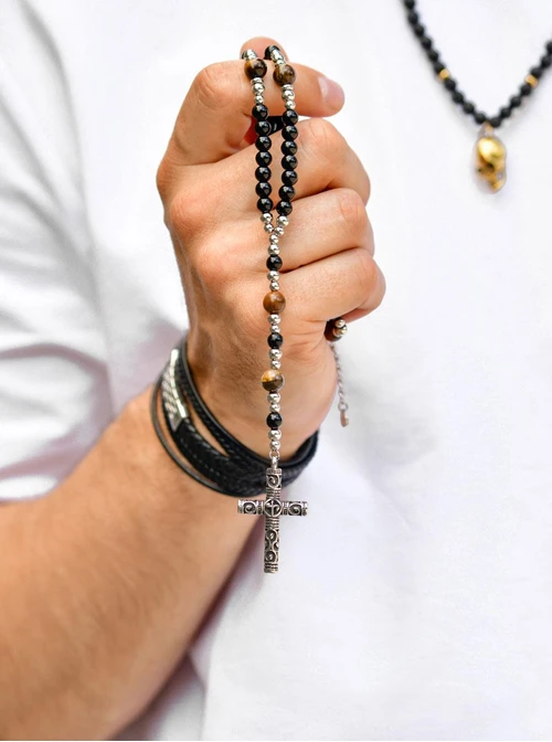 Naszyjnik męski, Agat, Tygrysie Oko, srebrny S305254Z01