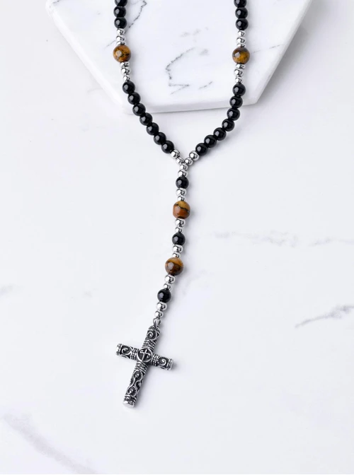 Naszyjnik męski, Agat, Tygrysie Oko, srebrny S305254Z01