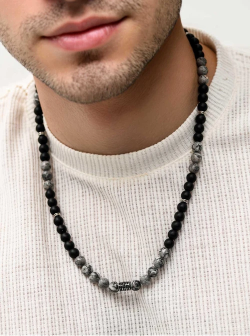 Naszyjnik męski, Onyks, Jaspis, srebrny S305260Z01