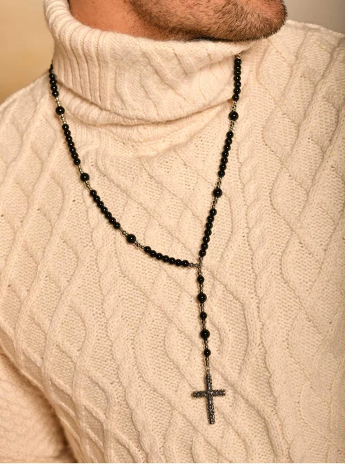 Naszyjnik męski, krzyż, Agat, srebrny S305255Z01