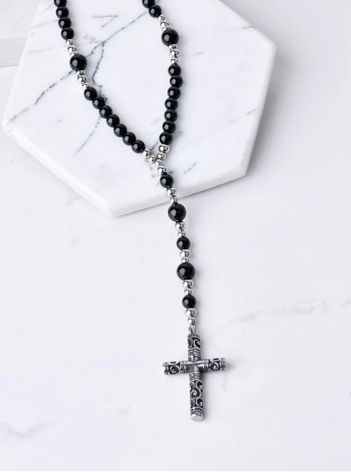 Naszyjnik męski, krzyż, Agat, srebrny S305255Z01