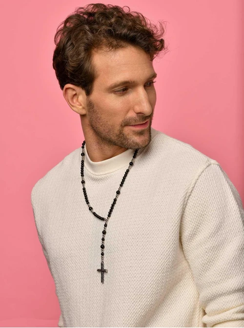 Naszyjnik męski, krzyż, Agat, srebrny S305255Z01