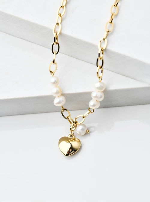 Naszyjnik serce, perły rzeczne, złoty S305070Z00