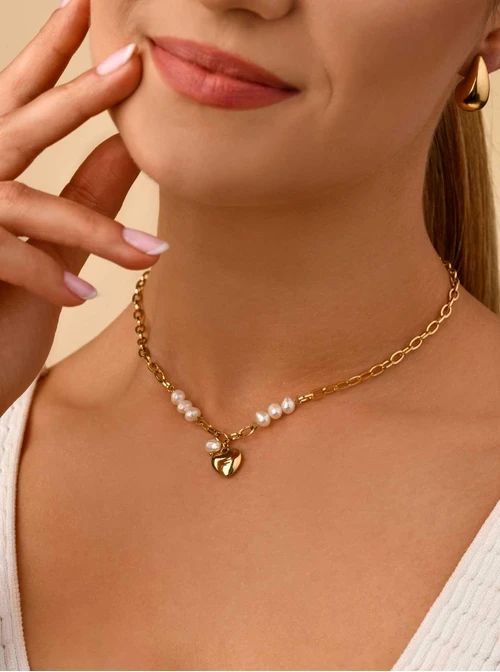 Naszyjnik serce, perły rzeczne, złoty S305070Z00
