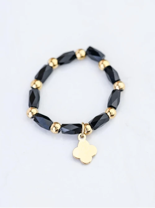 Pierścionek koniczynka, czarne kryształki, złoty S405220Z01