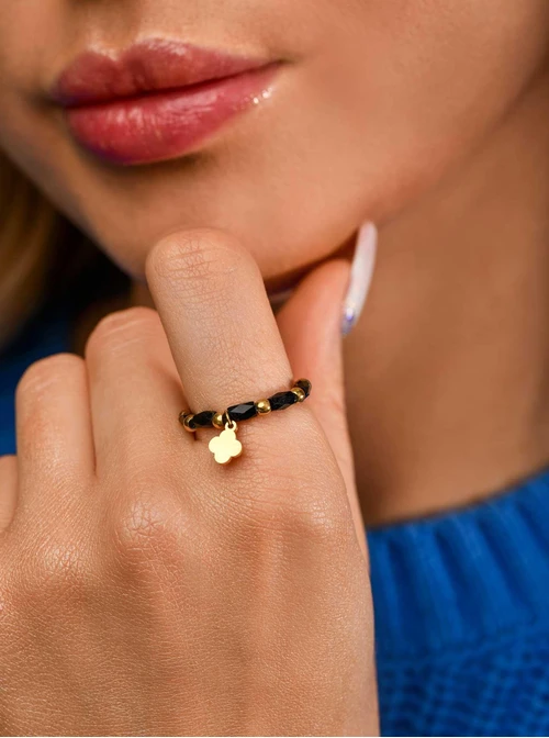 Pierścionek koniczynka, czarne kryształki, złoty S405220Z01