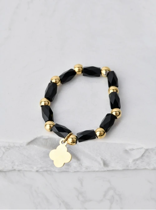 Pierścionek koniczynka, czarne kryształki, złoty S405220Z01