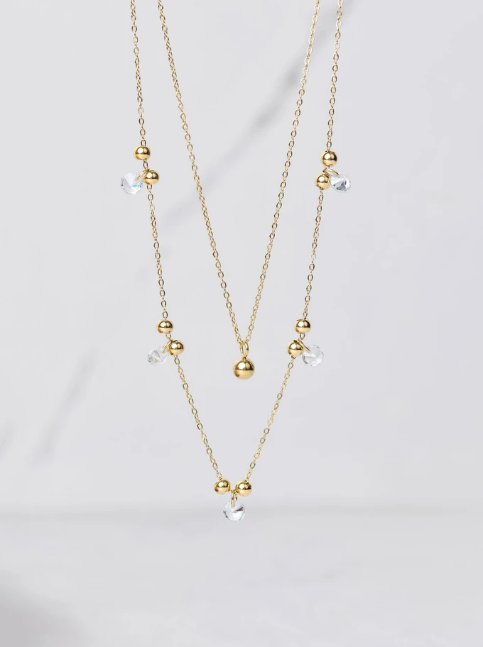 Naszyjnik podwójny, kuleczki, kryształki, złoty S305395Z02