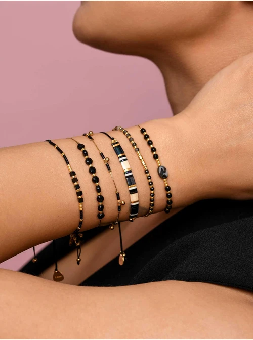 Bransoletka Czarny Kwarc, Labradoryt, sznurek, złoty S105596Z00