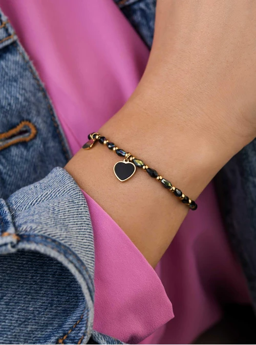 Bransoletka czarne serduszko, kryształki, złoty S105200Z01