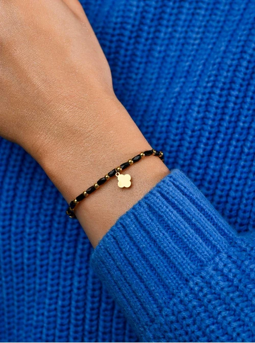 Bransoletka koniczynka, czarne kryształki, złoty S105204Z01