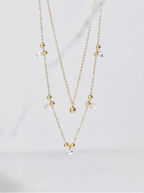 Naszyjnik podwójny, kuleczki, kryształki, złoty S305395Z02