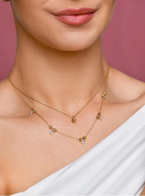 Naszyjnik podwójny, kuleczki, kryształki, złoty S305395Z02