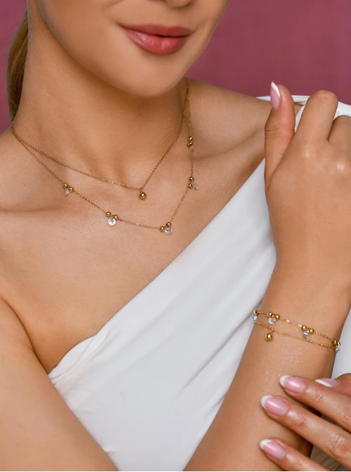 Naszyjnik podwójny, kuleczki, kryształki, złoty S305395Z02