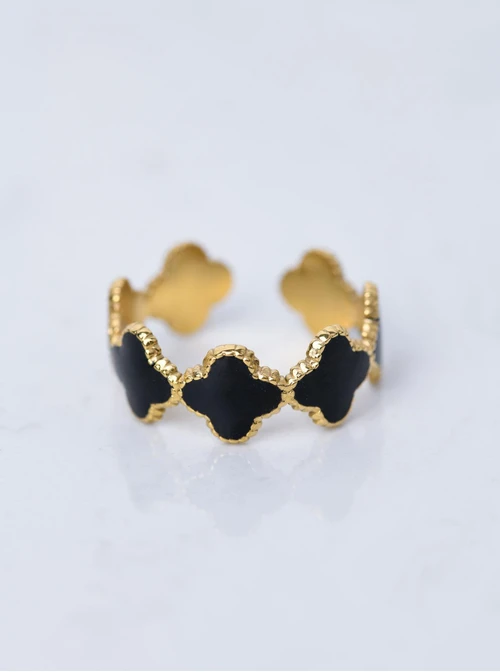 Pierścionek regulowany czarne koniczynki, złoty S405667Z00-0