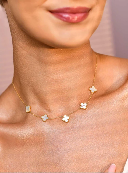 Naszyjnik koniczynki, masa perłowa, złoty S306911Z02