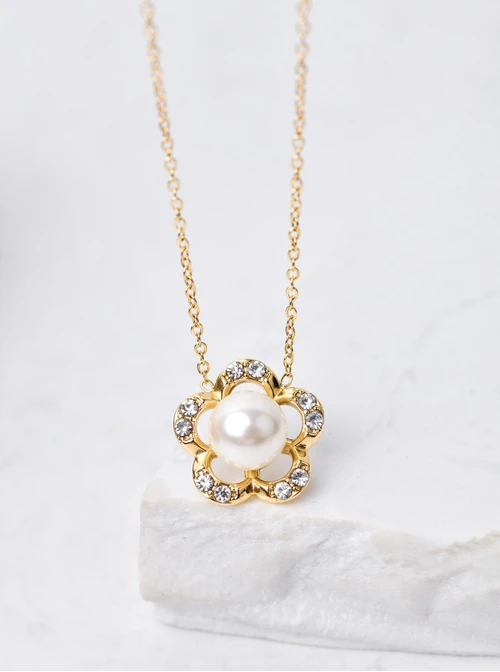 Naszyjnik kwiaty z perełką, złoty S306079Z00