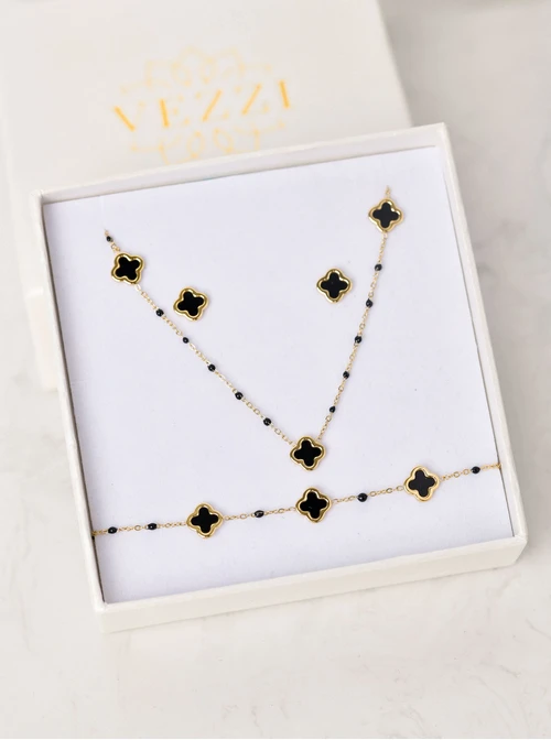 [Zestaw] Naszyjnik koniczynki z czarną emalią, złoty S306033Z01