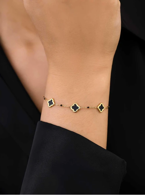 Bransoletka koniczynki z czarną emalią, złoty S106034Z01