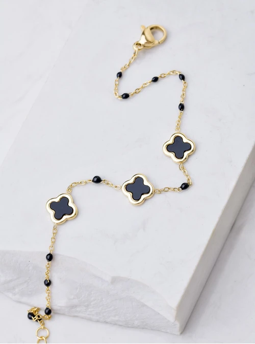 Bransoletka koniczynki z czarną emalią, złoty S106034Z01