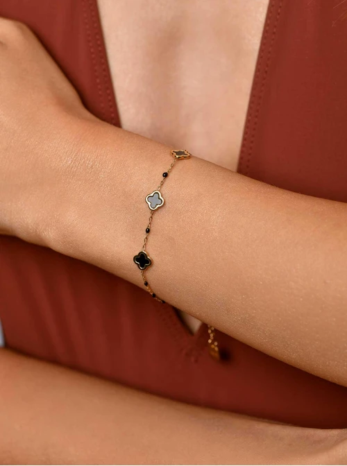 Bransoletka koniczynki z czarną emalią, złoty S106034Z01