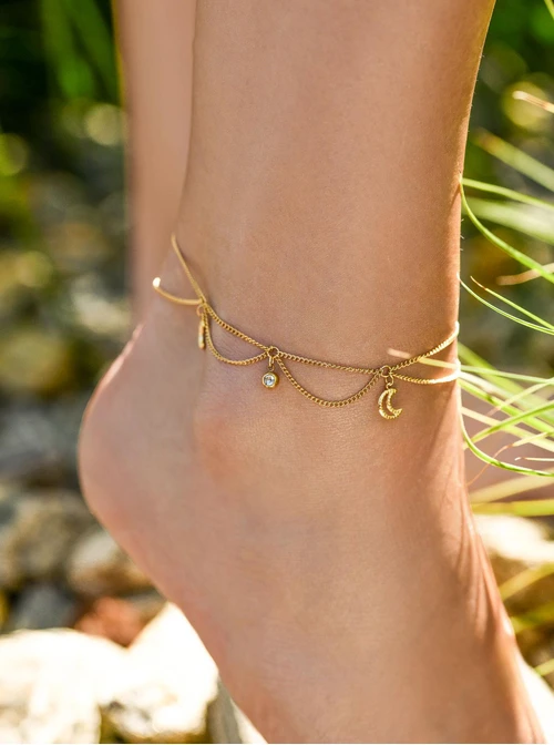 Bransoletka na kostkę, podwójna, księżyce, złoty S106938Z00