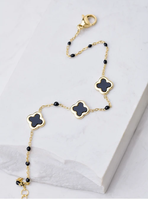 [Zestaw] Naszyjnik koniczynki z czarną emalią, złoty S306033Z01