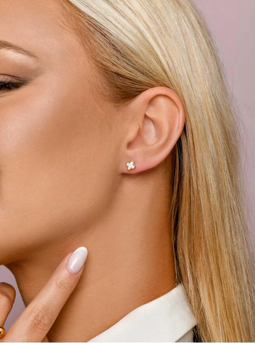 Kolczyki malutkie, białe koniczynki, złoty S206032Z02