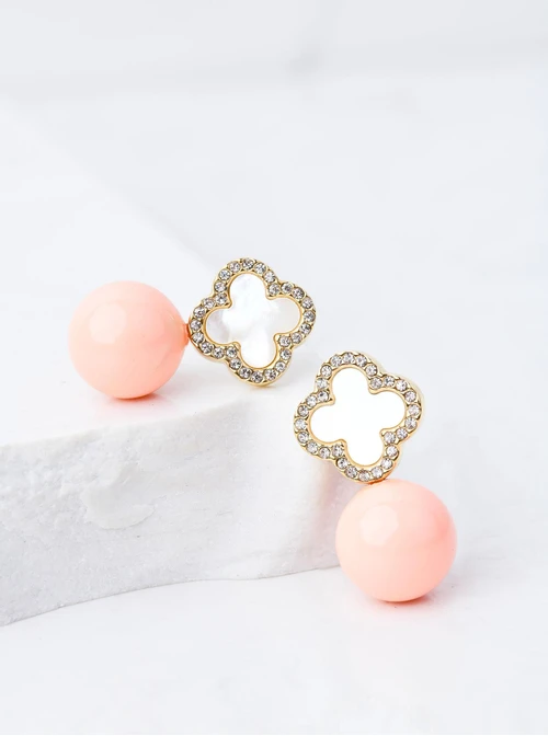 Kolczyki perłowe koniczynki, różowe kulki, złoty S207279Z06