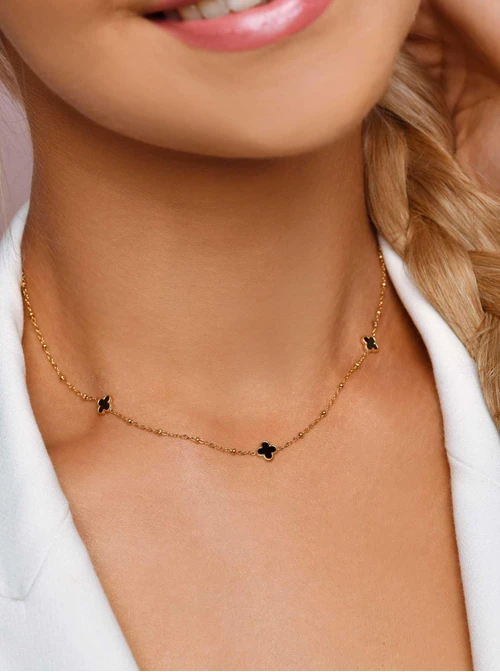 Naszyjnik czarne koniczynki, złoty S306030Z01