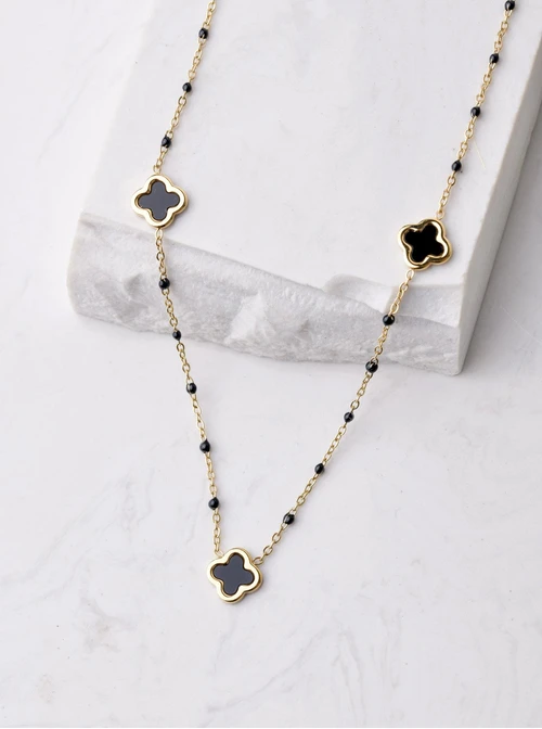 Naszyjnik koniczynki z czarną emalią, złoty S306033Z01