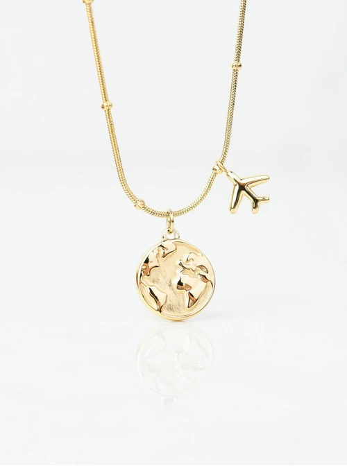 Naszyjnik mapa świata, samolot, złoty S306157Z00