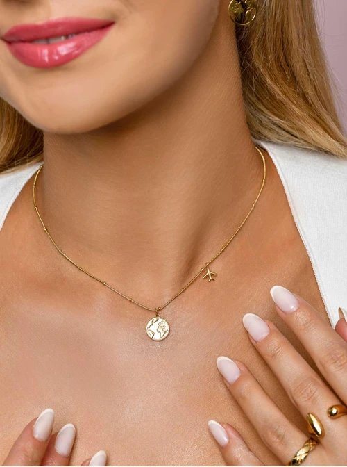 Naszyjnik mapa świata, samolot, złoty S306157Z00