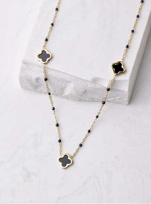 [Zestaw] Naszyjnik koniczynki z czarną emalią, złoty S306033Z01