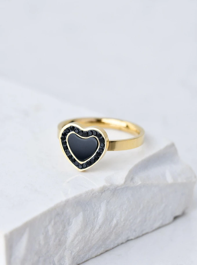 Pierścionek czarne serce, złoty, S406524Z01