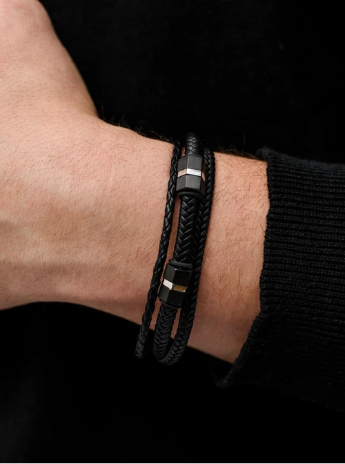 Bransoletka męska, czarny, srebrny S107550S01