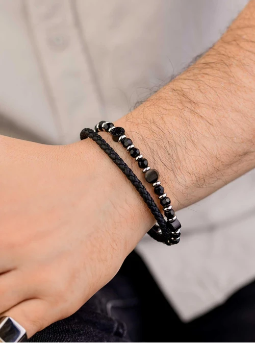 Bransoletka męska, czarny, srebrny S107568S01