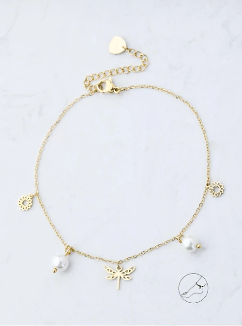 Bransoletka na kostkę, ważka, perełki, złoty S108045Z00