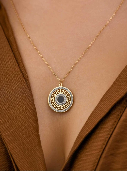 Długi naszyjnik kółko, grecki wzór z kryształkami, złoty S308457Z00