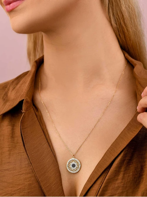 Długi naszyjnik kółko, grecki wzór z kryształkami, złoty S308457Z00