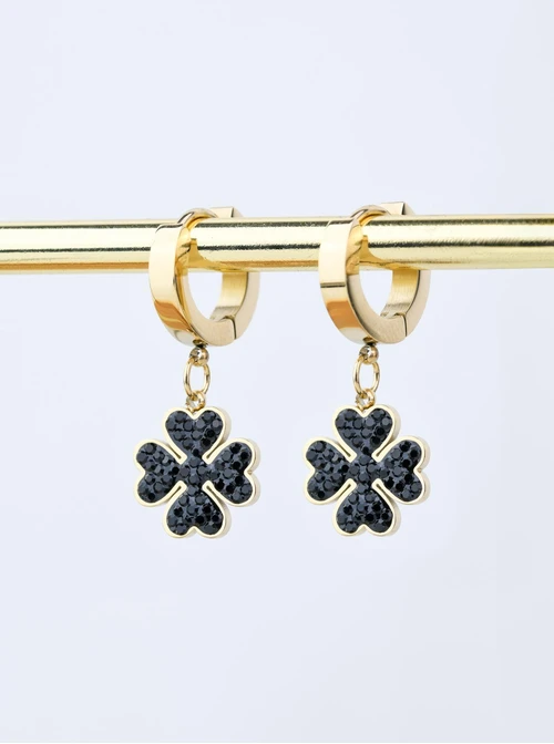 Kolczyki koniczynki z czarnymi kryształkami, złoty S207640Z01