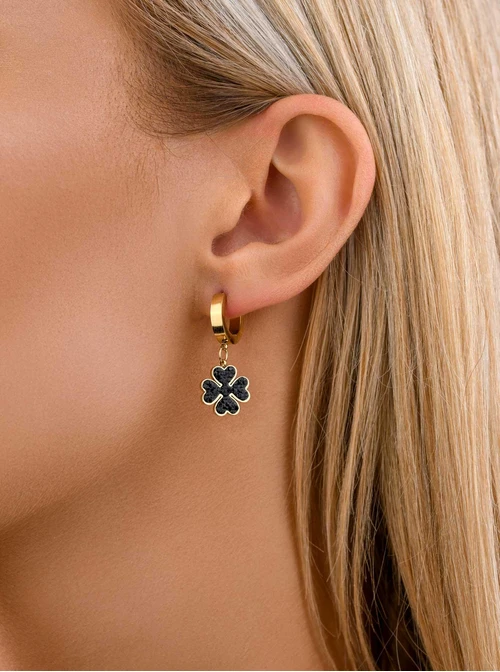 Kolczyki koniczynki z czarnymi kryształkami, złoty S207640Z01