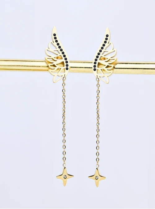 Kolczyki skrzydło z gwiazdką, czarne kryształki, złoty S208190Z01