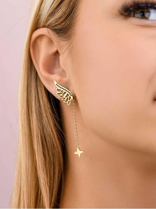 Kolczyki skrzydło z gwiazdką, czarne kryształki, złoty S208190Z01