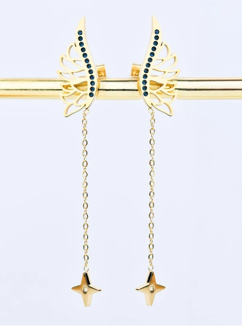 Kolczyki skrzydło z gwiazdką, niebieskie kryształki, złoty S208190Z04