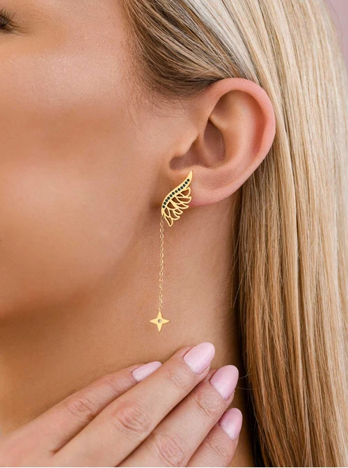 Kolczyki skrzydło z gwiazdką, niebieskie kryształki, złoty S208190Z04