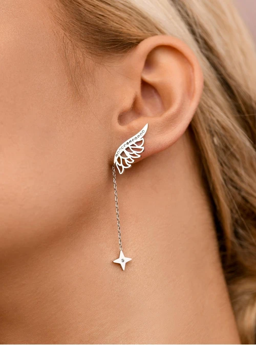 Kolczyki skrzydło z gwiazdką, kryształki, srebrny S208223S02